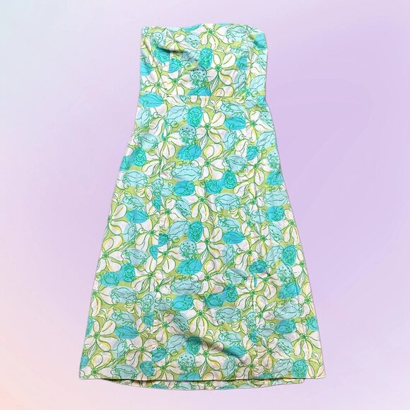 Lilly Pulitzer Strapless Blue Green Floral Tie Back Cotton Summer Dress Size 8 - Picture 1 of 6